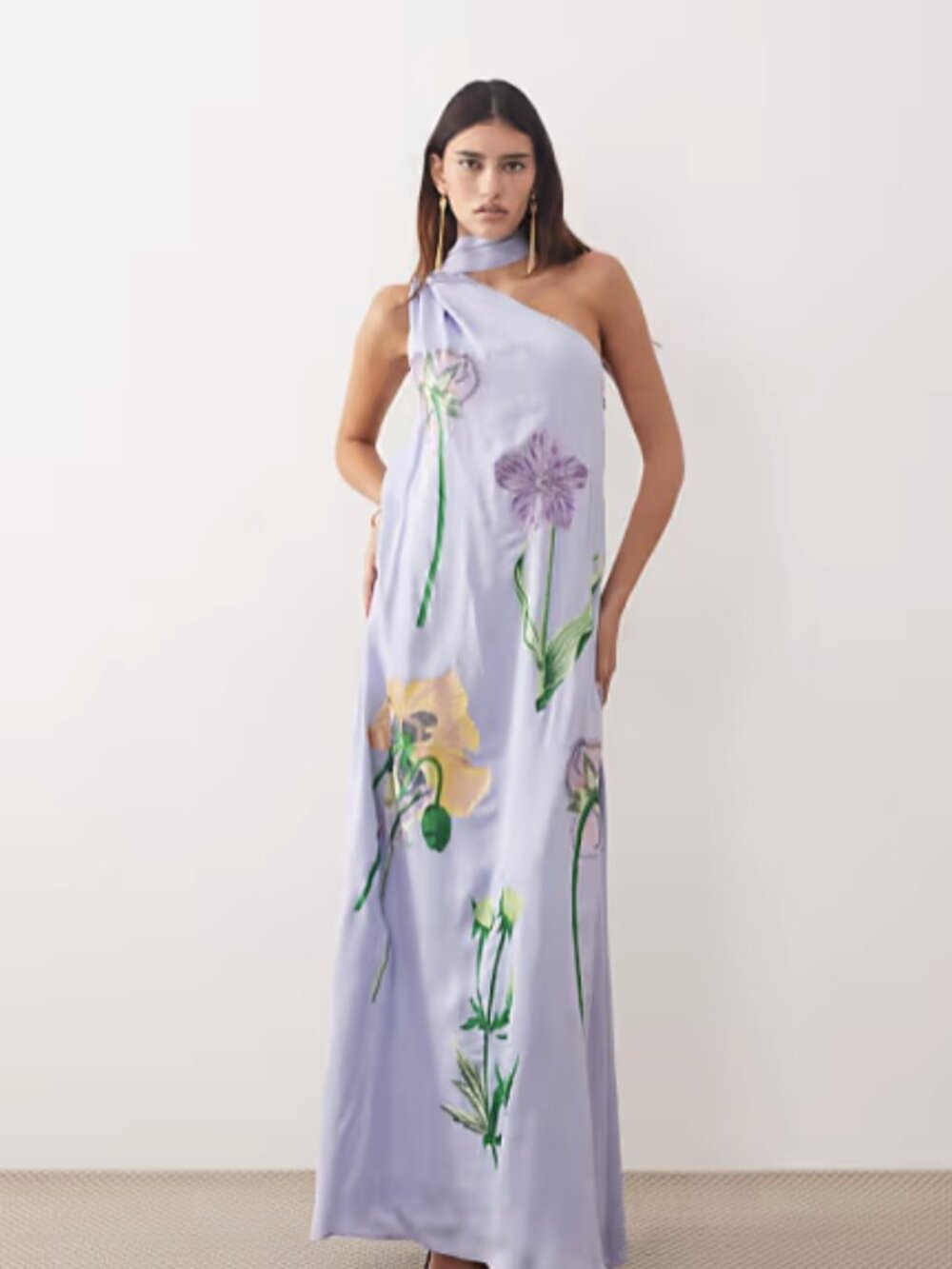 ARRANGE botanical floral embroidered one shoulder maxi dress in dusky blue